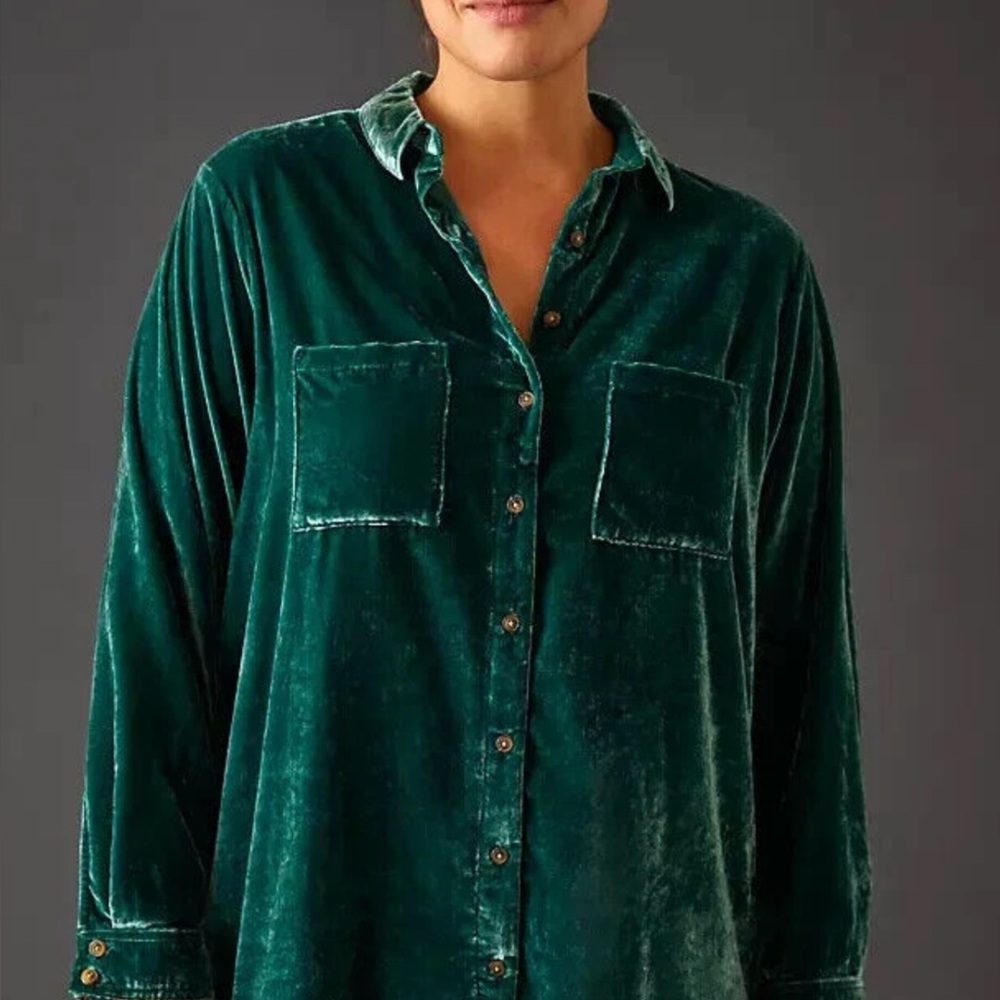 PILCRO Emerald Green Velvet Button-Up Shirt SIZE SMALL